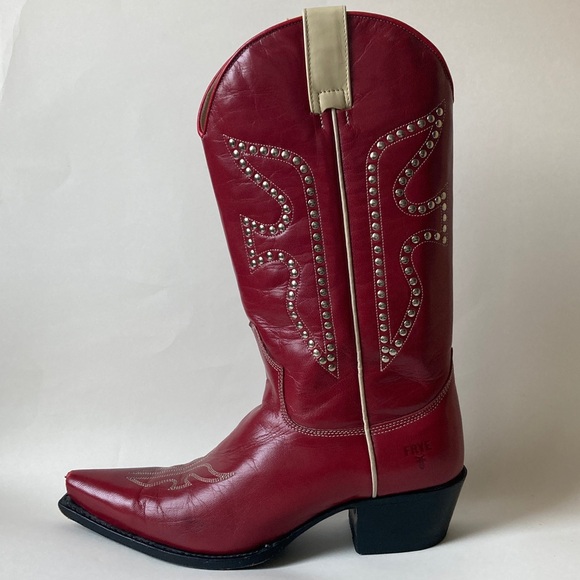 Vintage Frye Daisy Duke Studded Red Cowboy Leather Boots  Sz 9 - Picture 4 of 16